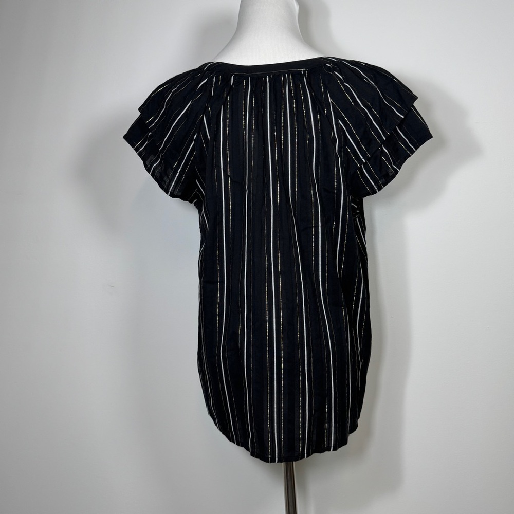 Ann Taylor Women’s Black White Gold Metallic Stripe Flutter Sleeve Tie Neck Top‎ - Picture 4 of 10